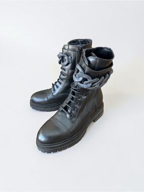 Black Leather Combat Boots with Chunky Chain Accent